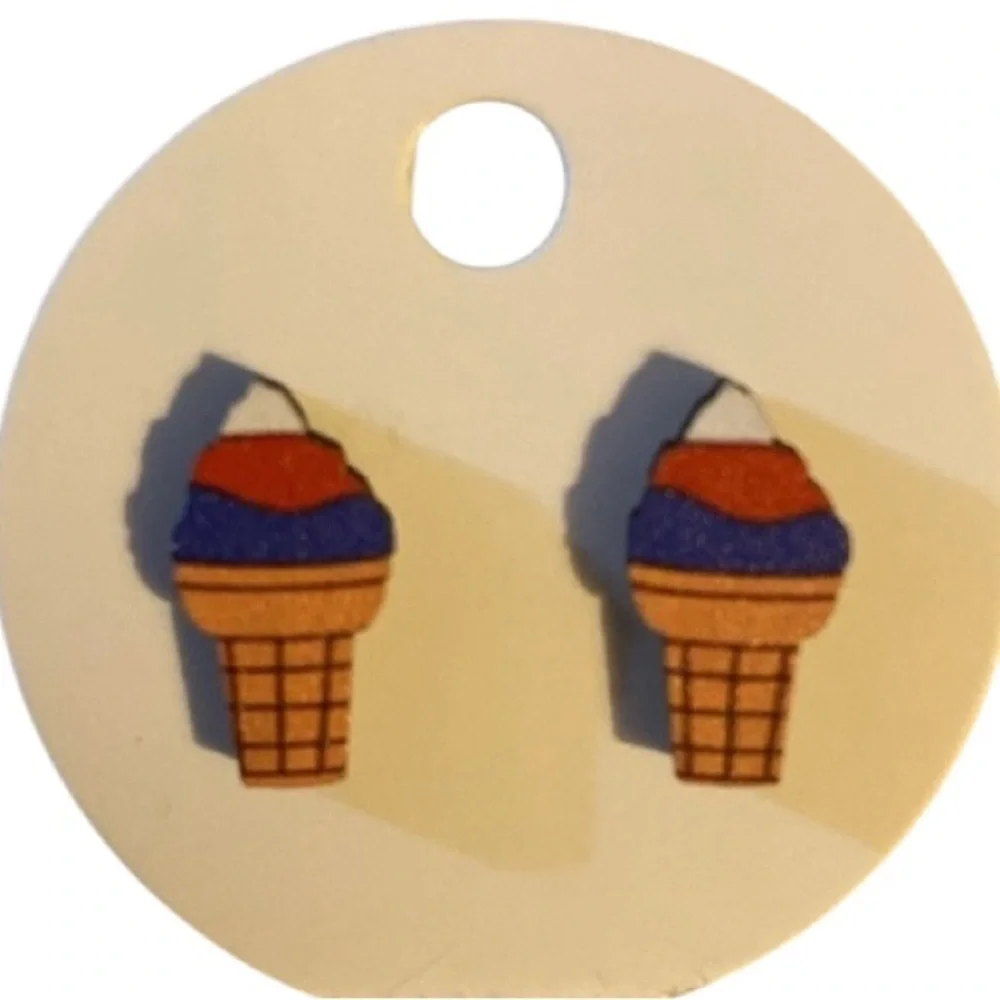 New Americana Ice Cream Cone Earrings, Pierced, Wooden, Red, White, Blue,Patriot